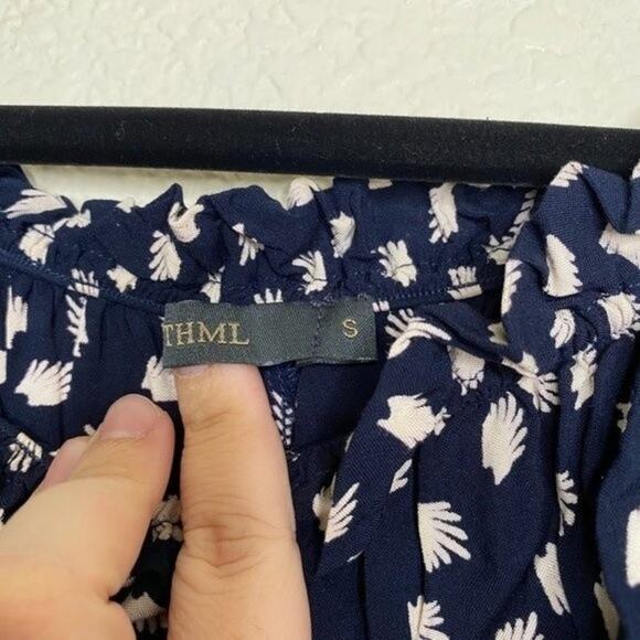 THML Navy Blue Feather Print Off the Shoulder Dress Small - Picture 4 of 9